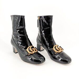 Gucci Victoire GG Ankle Boots EU 36.5 US 6.5 Black Patent Leather Block Heel